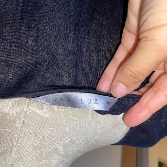 Luna Luz Maxi Dress Size Medium Blue Crossover Asymmetric Hem Lagenlook Linen - Picture 4 of 15